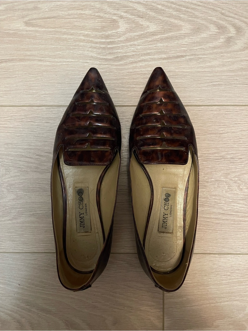 Jimmy Choo Brown Tortoise Pointed Leather Flats Size 37